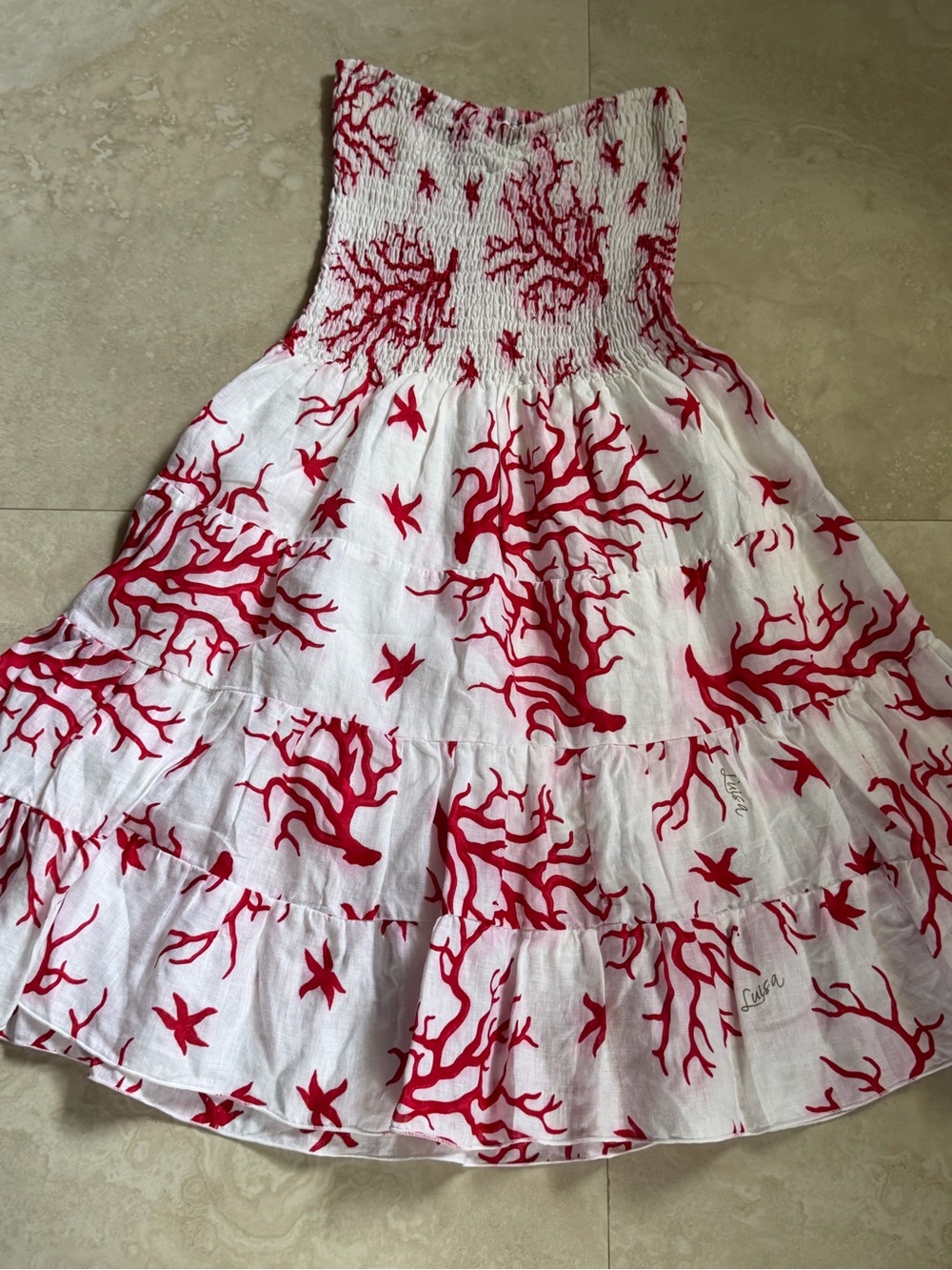 Luisa Positano Strapless White Linen Sundress with Red Coral Print